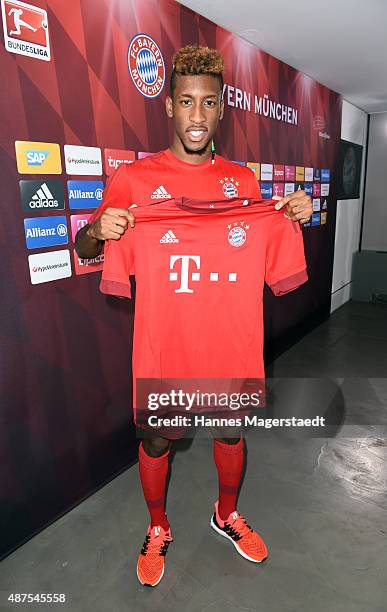 Kingsley Coman during the 'FC Bayern Muenchen Unveils New Signing Kingsley Coman' at press center of FC Bayern on September 10, 2015 in Munich,...