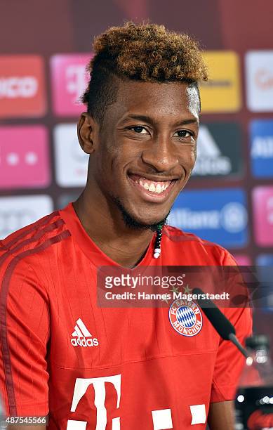 Kingsley Coman during the 'FC Bayern Muenchen Unveils New Signing Kingsley Coman' at press center of FC Bayern on September 10, 2015 in Munich,...