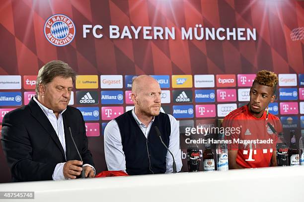 Markus Hoerwick, Matthias Sammer and Kingsley Coman during the 'FC Bayern Muenchen Unveils New Signing Kingsley Coman' at press center of FC Bayern...