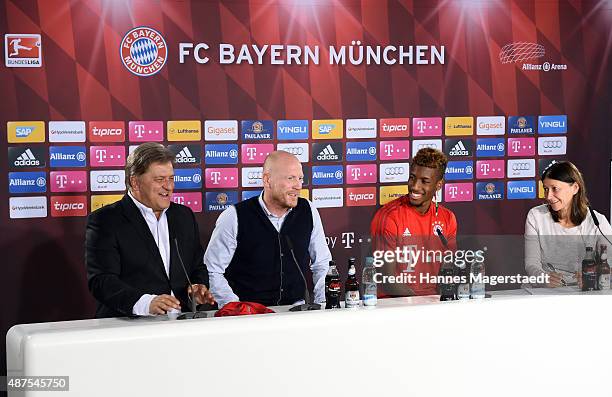 Markus Hoerwick, Matthias Sammer, Kingsley Coman and Lisa Foerster during the 'FC Bayern Muenchen Unveils New Signing Kingsley Coman' at press center...