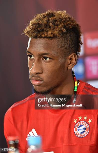 Kingsley Coman during the 'FC Bayern Muenchen Unveils New Signing Kingsley Coman' at press center of FC Bayern on September 10, 2015 in Munich,...