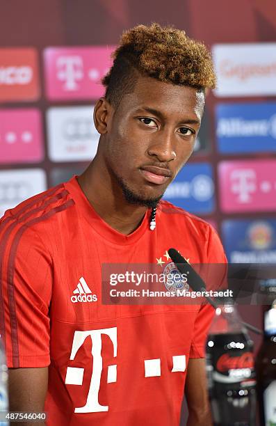 Kingsley Coman during the 'FC Bayern Muenchen Unveils New Signing Kingsley Coman' at press center of FC Bayern on September 10, 2015 in Munich,...