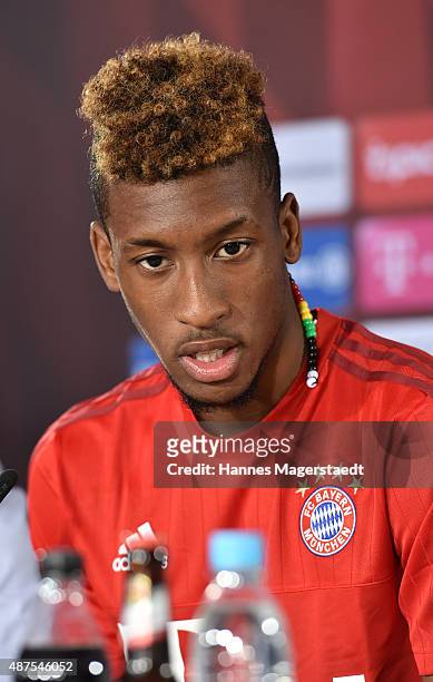 Kingsley Coman during the 'FC Bayern Muenchen Unveils New Signing Kingsley Coman' at press center of FC Bayern on September 10, 2015 in Munich,...