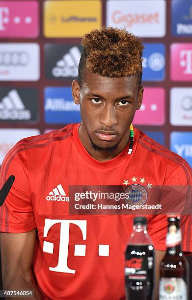 Kingsley Coman during the 'FC Bayern Muenchen Unveils New Signing Kingsley Coman' at press center of FC Bayern on September 10, 2015 in Munich,...