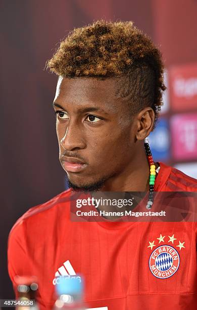 Kingsley Coman during the 'FC Bayern Muenchen Unveils New Signing Kingsley Coman' at press center of FC Bayern on September 10, 2015 in Munich,...