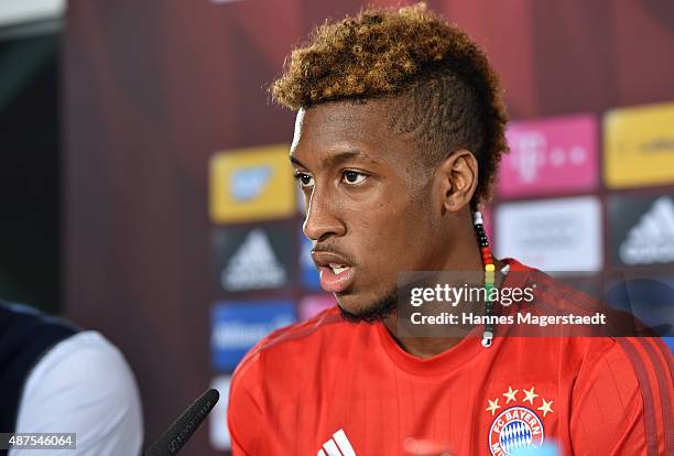 Kingsley Coman during the 'FC Bayern Muenchen Unveils New Signing Kingsley Coman' at press center of FC Bayern on September 10, 2015 in Munich,...