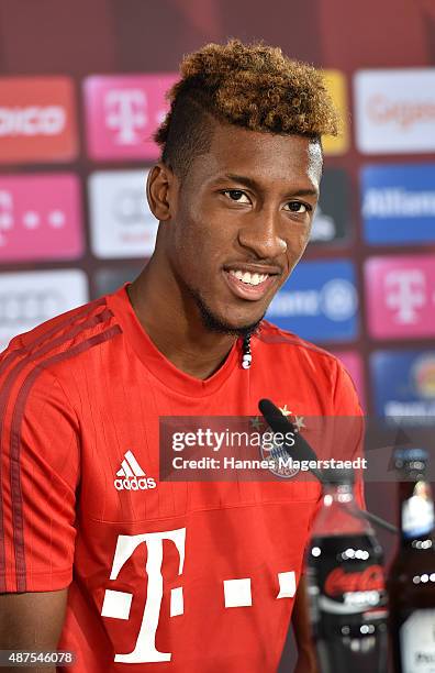 Kingsley Coman during the 'FC Bayern Muenchen Unveils New Signing Kingsley Coman' at press center of FC Bayern on September 10, 2015 in Munich,...