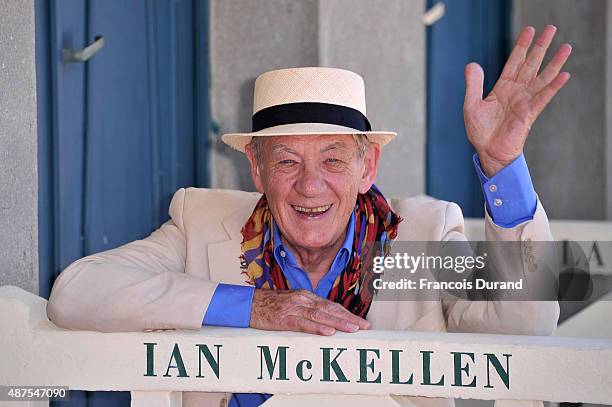 Actor Sir Ian McKellen attends the unveiling of his dedicated beach locker room on the Promenade des Planches during the 41st Deauville American Film...