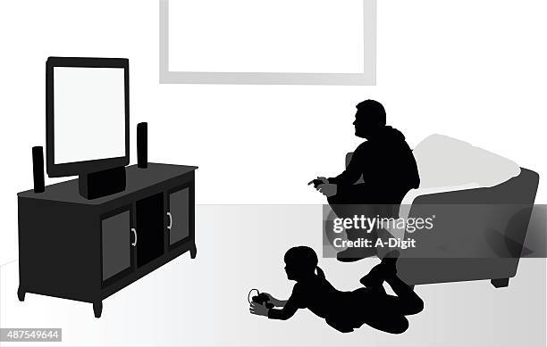 at home playing games with dad - grey sofa stock illustrations