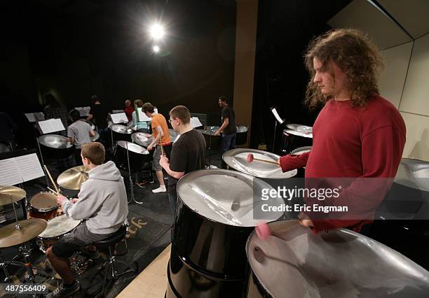 West Valley High School student Moki Rigby-Ronningen plays the six bass steel drums during a concert rehearsal before GRAMMY Camp Basic Training on...