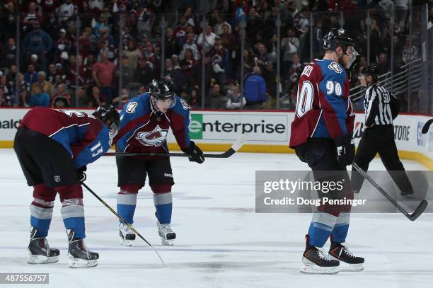 Parenteau, Matt Duchene and Ryan O'Reilly of the Colorado Avalanche skate off the ice after loosing to the Minnesota Wild in overtime of Game Seven...