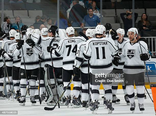 The Los Angeles Kings celebrate a victory against the San Jose Sharks, clinching the series in Game Seven of the First Round of the 2014 Stanley Cup...