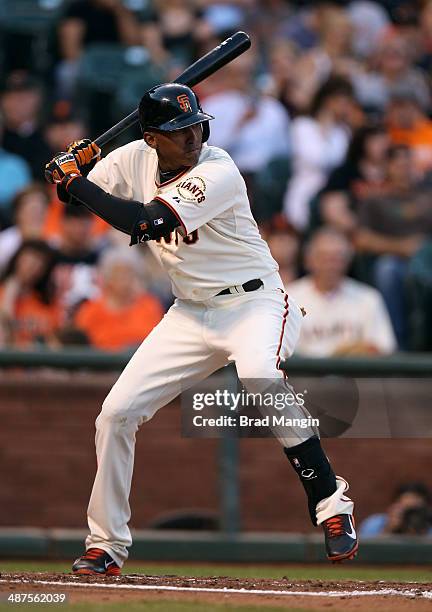 Joaquin Arias of the San Francisco Giants bats against the San Diego Padres during the game at AT&T Park on Wednesday, April 30, 2014 in San...