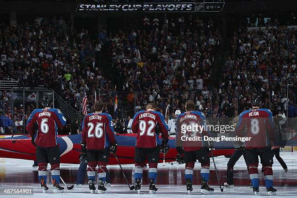 The starting line for the Colorado Avalanche Erik Johnson, Paul Stastny, Gabriel Landeskog, Nathan MacKinnon and Jan Hejda of the Colorado Avalanche...