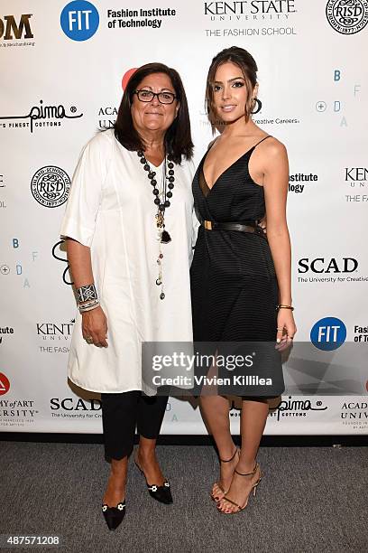 Fern Mallis and Miss USA 2012 Olivia Culpo pose backstage at the Supima Design Competition fashion show during Spring 2016 New York Fashion Week: The...