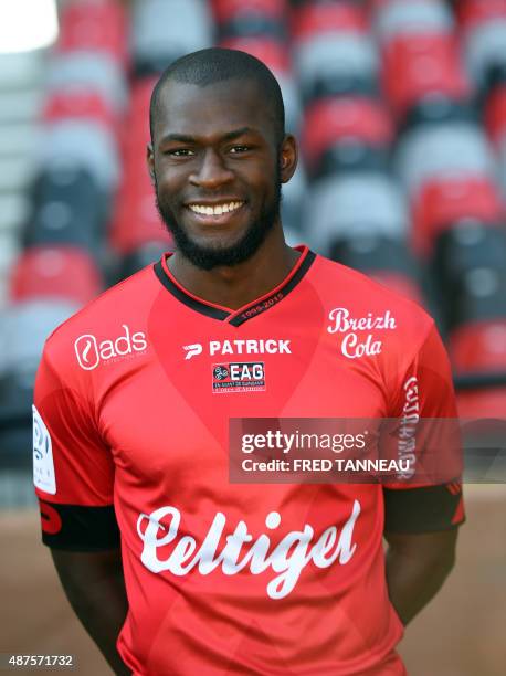 Guingamp's French forward Yannis Salibur poses on September 10, 2015 at the Roudourou stadium in Guingamp, western of France. AFP PHOTO FRED TANNEAU