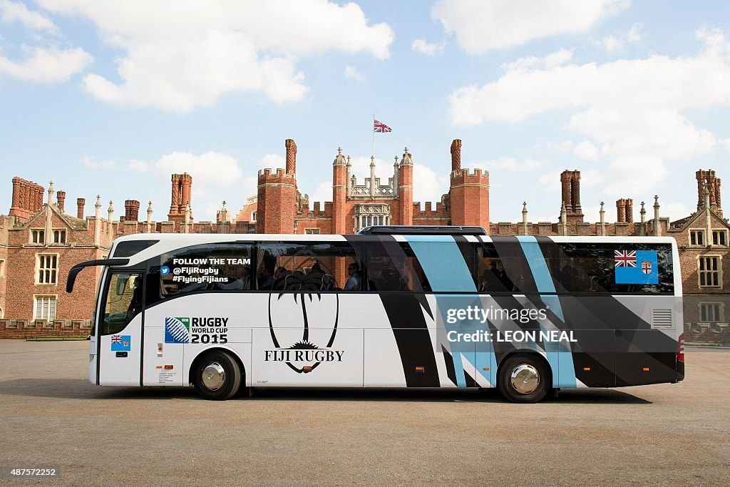 Origin Rugby Bus The Fiji 2015 World Cup rugby union team bus arrives at Hampton Court ...