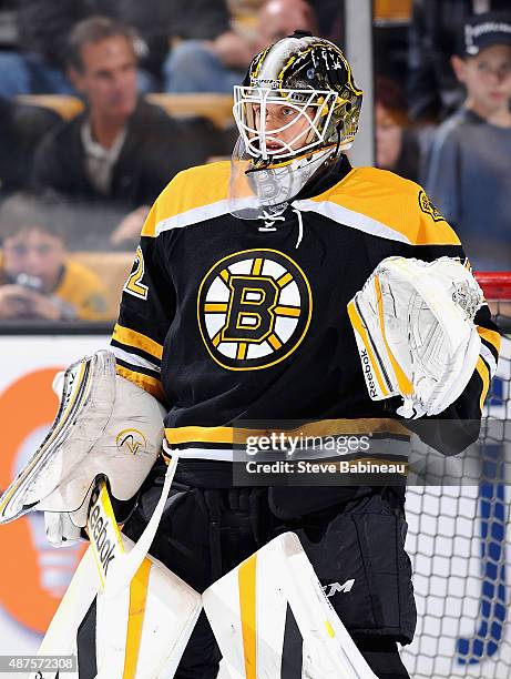 Goaltender Niklas Svedberg of the Boston Bruins warms up before the game against the Philadelphia Flyers at TD Garden on October 8, 2014 in Boston,...