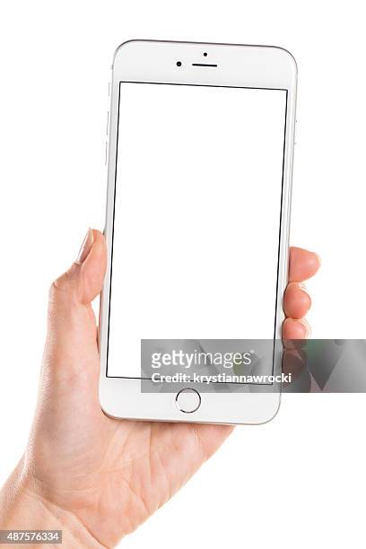 gauche main tenant argent iphone 6 plus avec écran blanc - main iphone photos et images de collection