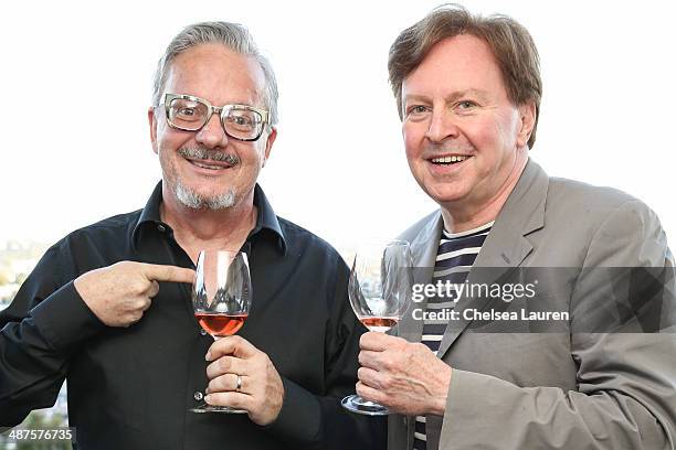 Musician Mark Mothersbaugh of Devo and founder of The 50 by 50 Gerald Casale of Devo pose at The 50 by 50 launch tasting event at Kun House on April...