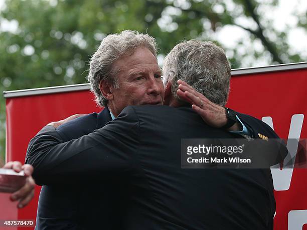 Andy Parker , father of murdered TV reporter Alison Parker, hugs Virginia Governor Terry McAuliffe during a anti gun rally on Capitol Hill September...