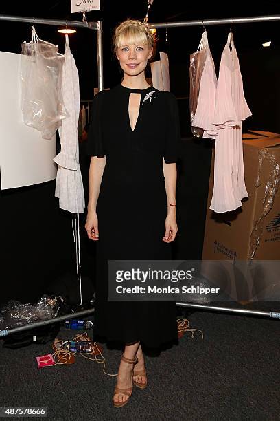 Designer Erin Fetherston poses backstage at the Erin Fetherston fashion show during Spring 2016 New York Fashion Week: The Shows at The Dock,...