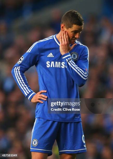 Fernando Torres of Chelsea looks dejected during the UEFA Champions League semi-final second leg match between Chelsea and Club Atletico de Madrid at...