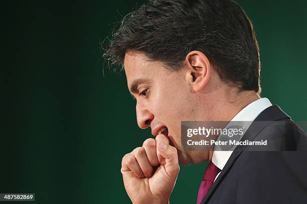 Labour Party Leader Ed Miliband speaks to supporters at Redbridge on May 1, 2014 in London, England. During his speech Mr Miliband said that a future...