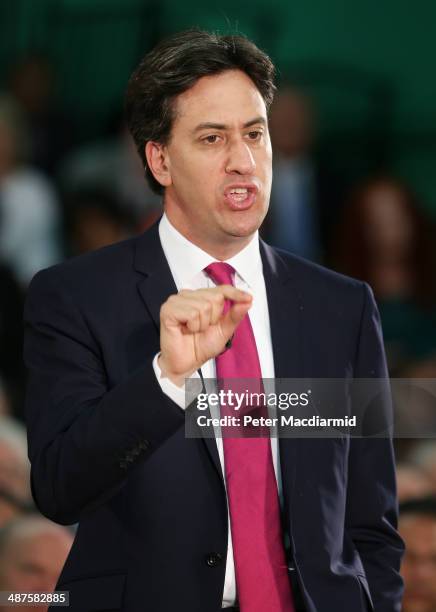 Labour Party Leader Ed Miliband speaks to supporters at Redbridge on May 1, 2014 in London, England. During his speech Mr Miliband said that a future...