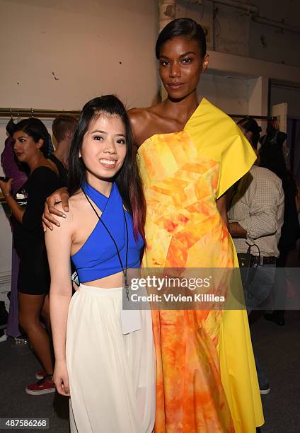 Supima Design Competition finalist Karen Dang poses backstage with one of her models at the Supima Design Competition fashion show during Spring 2016...