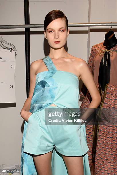 Model poses backstage at the Supima Design Competition fashion show during Spring 2016 New York Fashion Week: The Shows at The Gallery, Skylight at...