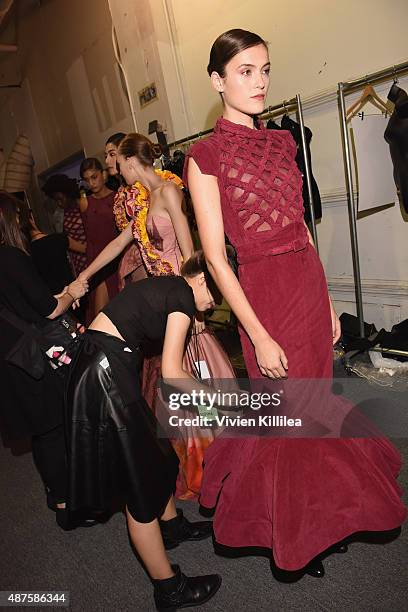 Models prepare backstage at the Supima Design Competition fashion show during Spring 2016 New York Fashion Week: The Shows at The Gallery, Skylight...