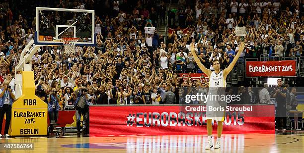 Dirk Nowitzki of Germany waves to his fans after Germany loses the FIBA EuroBasket 2015 Group B basketball match between Germany and Spain at Arena...