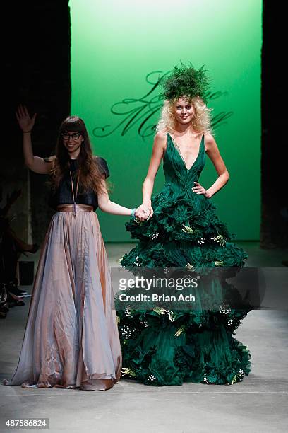 Designer Leanne Marshall and a model walk the runway at the Leanne Marshall fashion show during Spring 2016 New York Fashion Week: The Shows at Art...