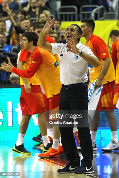 Head coach of Spain Sergio Scariolo reacts during the EuroBasket 2015 Group B basketball match between Germany and Spain at Mercedes Benz Arena in...