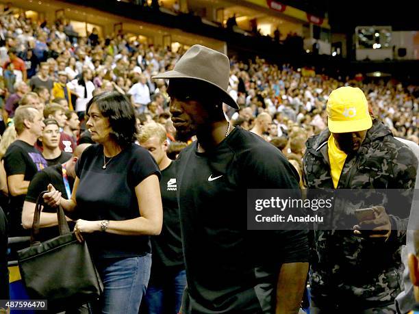 Basketball player Kevin Durant leaves after watching the EuroBasket 2015 Group B basketball match between Germany and Spain at Mercedes Benz Arena in...