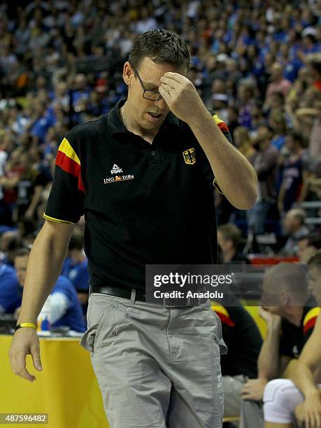 Head coach of Germany Chris Fleming reacts during the EuroBasket 2015 Group B basketball match between Germany and Spain at Mercedes Benz Arena in...