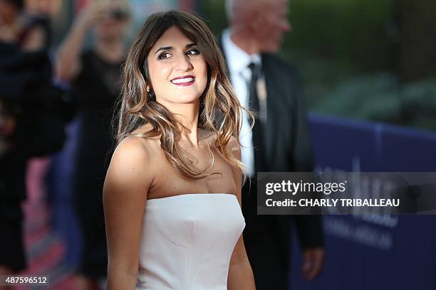 French actress Geraldine Nakache poses on the red carpet before the screening of the movie "Mr Holmes" on September 10, 2015 in the French...