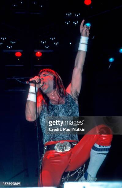 British musician Bruce Dickinson, vocalist for the band Iron Maiden, performs onstage at the Rosemont Horizon, Rosemont, Illinois, December 21, 1984.