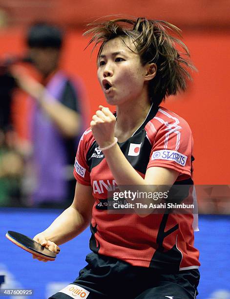 Sayaka Hirano of Japan celebrates a point during the game against Zhenhua Dederko of Australia during day four of the 2014 World Team Table Tennis...