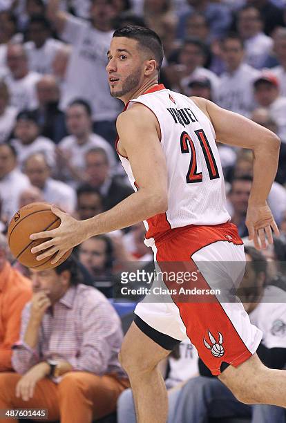 Greivis Vasquez of the Toronto Raptors plays against the Brooklyn Nets in Game Five of the NBA Eastern Conference Quarterfinals at the Air Canada...