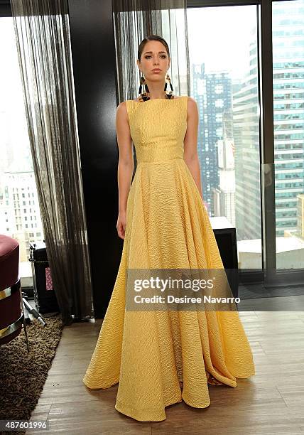 Model wearing John Paul Ataker poses during A Taste Of John Paul Ataker Presentation Spring 2016 New York Fashion Week at The Skylark on September...