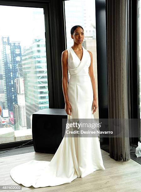 Model wearing John Paul Ataker poses during A Taste Of John Paul Ataker Presentation Spring 2016 New York Fashion Week at The Skylark on September...