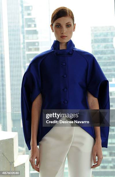 Model wearing John Paul Ataker poses during A Taste Of John Paul Ataker Presentation Spring 2016 New York Fashion Week at The Skylark on September...