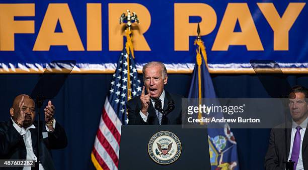 Vice President Joe Biden speaks in support of raising the minimum wage for the state of New York to $15 per hour on September 10, 2015 in New York...