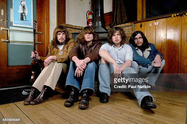 Portrait of the American music group Kings of Leon, Chicago, Illinois, March 30, 2003. Pictured are brothers Caleb Followill , Jared Followill , and...