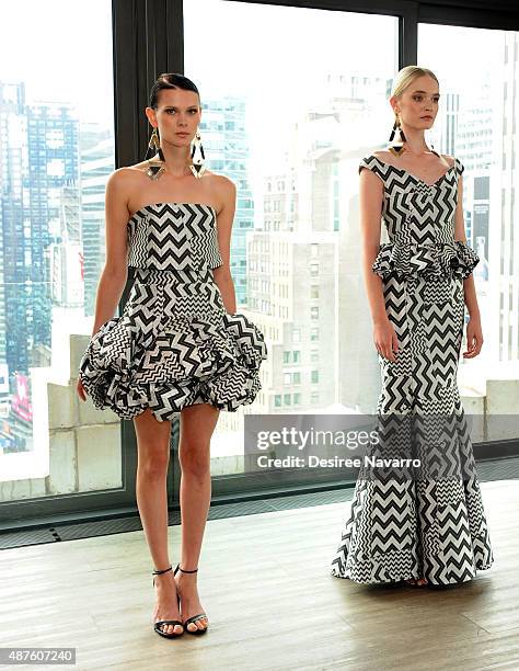 Models wearing John Paul Ataker pose during A Taste Of John Paul Ataker Presentation Spring 2016 New York Fashion Week at The Skylark on September...