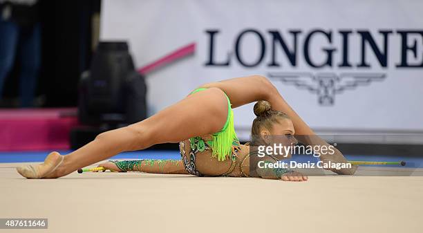 Aleksandra Soldatova of Russia competes at the Clubs finals during the 34th Rhythmic Gymastics World Championships on September 10, 2015 in...