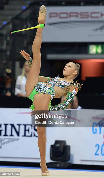 Aleksandra Soldatova of Russia competes at the Clubs finals during the 34th Rhythmic Gymastics World Championships on September 10, 2015 in...