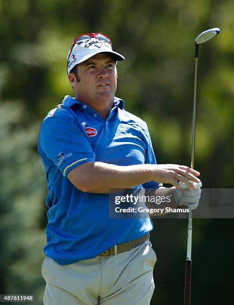 Andrew Svoboda watches his tee shot on the ninth hole during the first round round of the Web.com Tour Hotel Fitness Championship at Sycamore Hills...